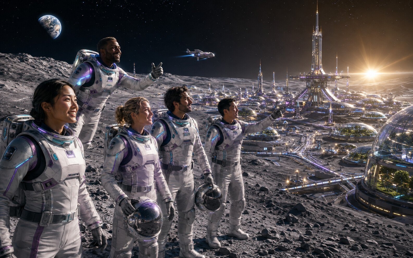 Astronauts arriving at a radiant lunar city